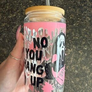 Pink Ghost Themed Glass 16oz Tumbler with Glass Straw & Straw Cleaner